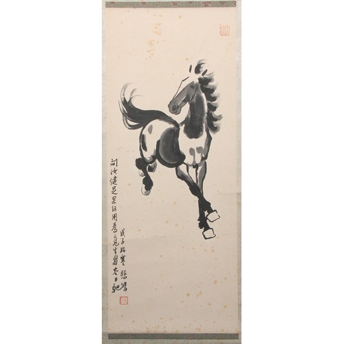 185 - A Chinese scroll, printed with a horse after Xu Beihong (1895-1953), inscribed, red seal marks, 20cm... 