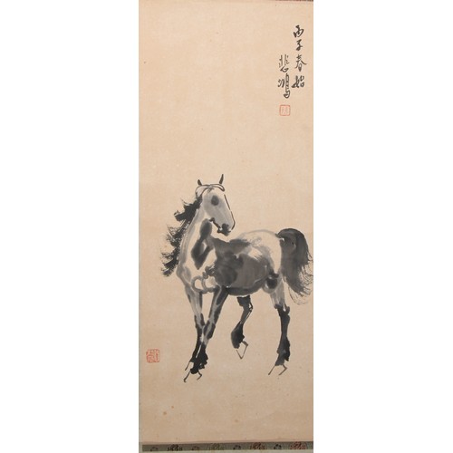 185 - A Chinese scroll, printed with a horse after Xu Beihong (1895-1953), inscribed, red seal marks, 20cm... 