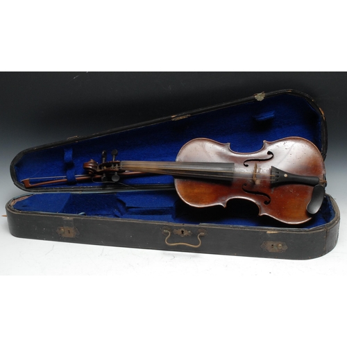 208 - A violin, the two-piece back 35.5cm excluding button, ebony tuning pegs, outlined throughout with pu... 