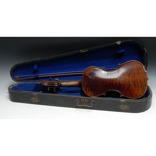 208 - A violin, the two-piece back 35.5cm excluding button, ebony tuning pegs, outlined throughout with pu... 