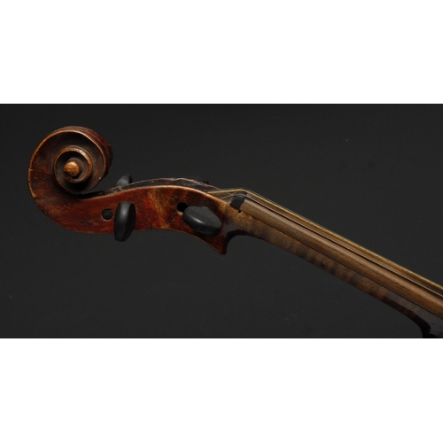 208 - A violin, the two-piece back 35.5cm excluding button, ebony tuning pegs, outlined throughout with pu... 