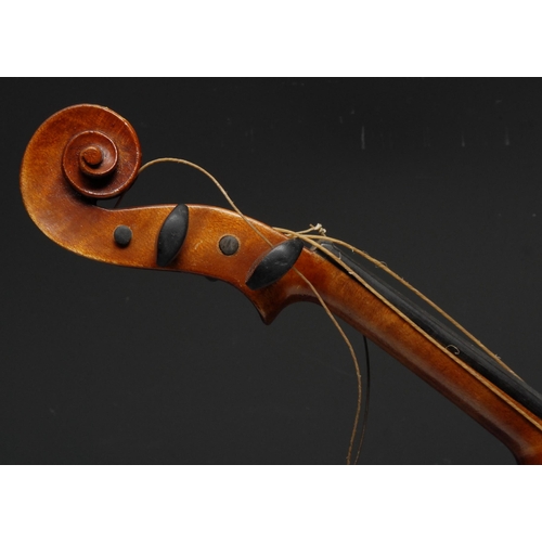 204 - A violin, the one-piece back 33cm excluding button, Copie de Stradivarius label, ebony tuning pegs, ... 