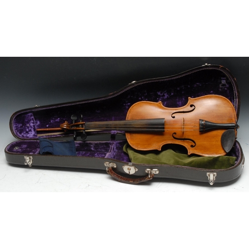 205 - A violin, the one-piece back 35.5cm long excluding button, stamped Hopf, rosewood tuning pegs, outli... 