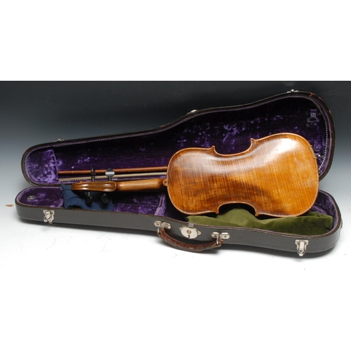 205 - A violin, the one-piece back 35.5cm long excluding button, stamped Hopf, rosewood tuning pegs, outli... 