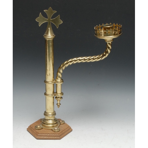 333 - A Gothic Revival brass pulpit or lectern candlestick, the sconce and spiral branch adjustable on a s... 