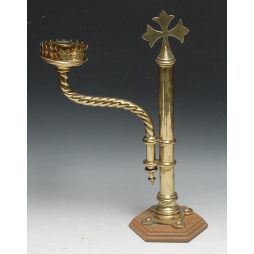 333 - A Gothic Revival brass pulpit or lectern candlestick, the sconce and spiral branch adjustable on a s... 