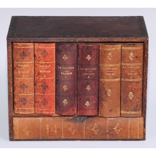 474 - A tooled and gilt leather novelty library drinks cabinet, as a row of books, the titled bindings enc... 