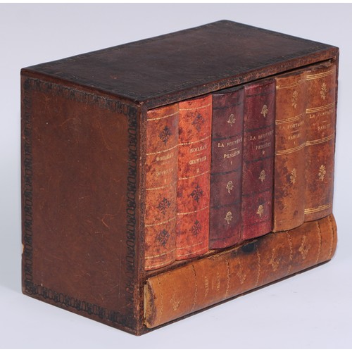 474 - A tooled and gilt leather novelty library drinks cabinet, as a row of books, the titled bindings enc... 