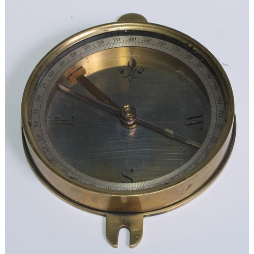 10 - A 19th century brass compass, 8.5cm silvered dial engraved with fleur-de-lys, lockable needle, 12cm ... 