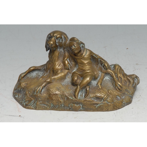 216 - French School (19th century), a bronze, Protection, a child sleeps beside a dog, 11cm wide