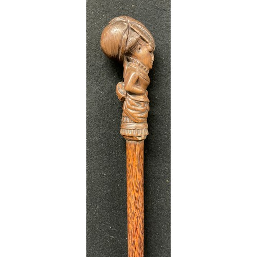 52 - A 19th century French walking cane,  the pommel carved as an aristocratic lady, palm wood shaft, 99c... 