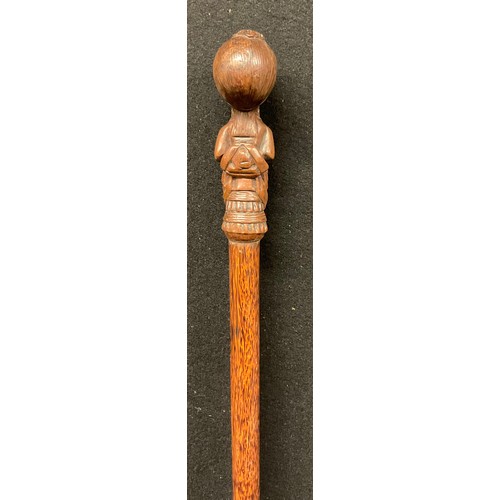 52 - A 19th century French walking cane,  the pommel carved as an aristocratic lady, palm wood shaft, 99c... 