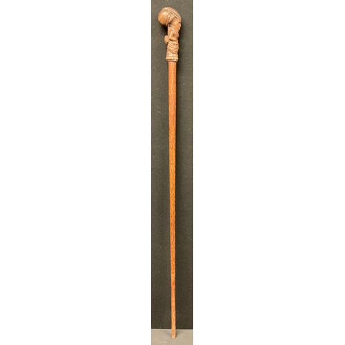 52 - A 19th century French walking cane,  the pommel carved as an aristocratic lady, palm wood shaft, 99c... 