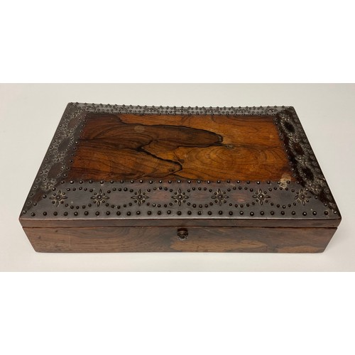 173 - A 19th century rosewood and cut-steel pique rectangular box, hinged cover with a  broad border of pi... 