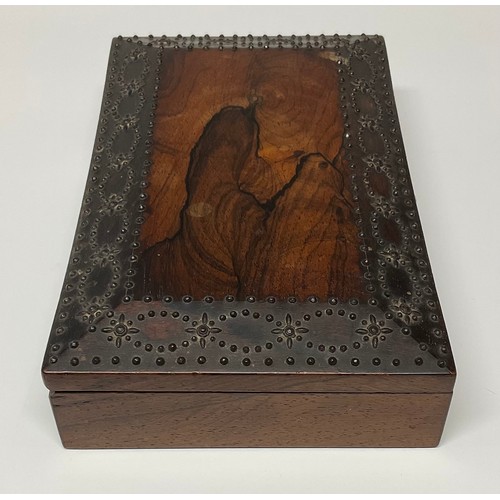 173 - A 19th century rosewood and cut-steel pique rectangular box, hinged cover with a  broad border of pi... 