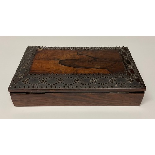 173 - A 19th century rosewood and cut-steel pique rectangular box, hinged cover with a  broad border of pi... 