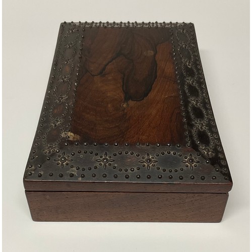 173 - A 19th century rosewood and cut-steel pique rectangular box, hinged cover with a  broad border of pi... 