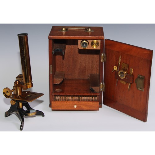 782 - An early 20th century black painted and lacquered brass monocular microscope, screw-on barrel, sub-s... 