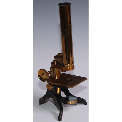 782 - An early 20th century black painted and lacquered brass monocular microscope, screw-on barrel, sub-s... 