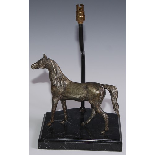 450 - A sculptural table lamp, mounted with a silvered model of a horse, marble base, 33cm to top of fitti... 