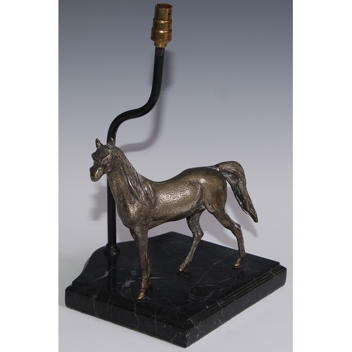 450 - A sculptural table lamp, mounted with a silvered model of a horse, marble base, 33cm to top of fitti... 