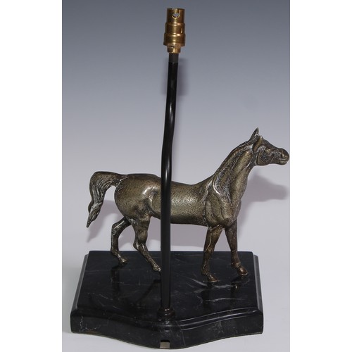 450 - A sculptural table lamp, mounted with a silvered model of a horse, marble base, 33cm to top of fitti... 