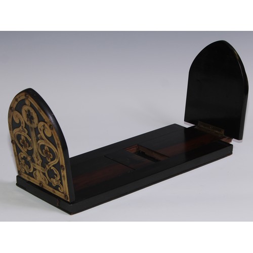 477 - A Victorian brass mounted coromandel book slide, the folding pointed-arched ends applied with Gothic... 