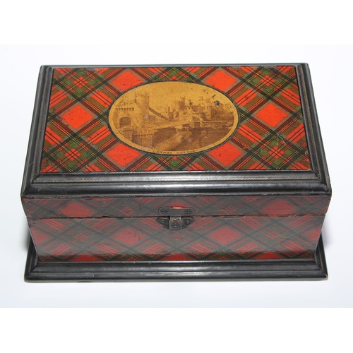 247 - Treen - a Scottish tartan ware rectangular box, hinged cover transfer printed with a named view of C... 