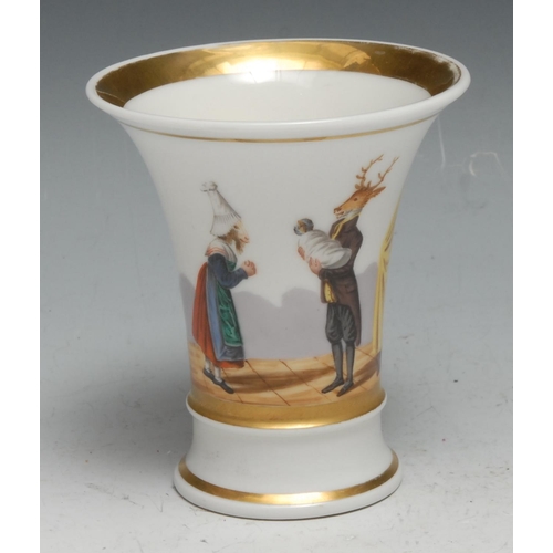 51 - A 19th century French porcelain flared cylindrical beaker, decorated in polychrome with a comical sc... 