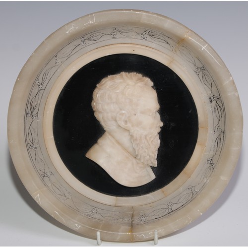 186 - A Grand Tour alabaster portrait plaque, 22cm diam, c.1870