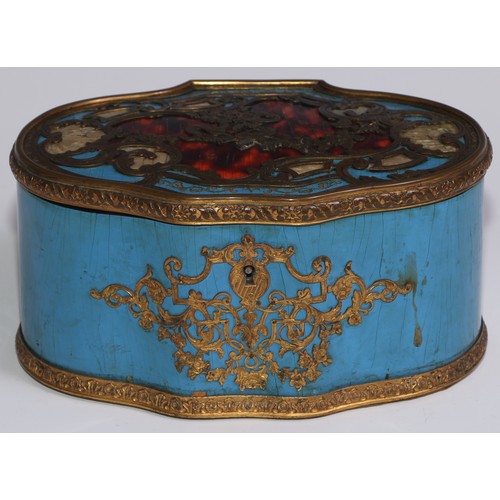 47 - A 19th century French gilt brass mounted tortoiseshell and 'boulle' shaped serpentine casket, the hi... 