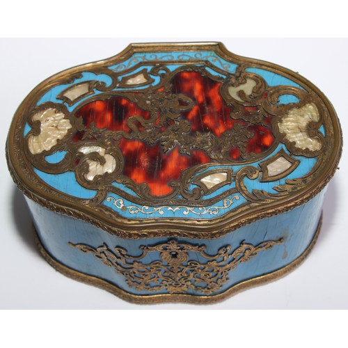 47 - A 19th century French gilt brass mounted tortoiseshell and 'boulle' shaped serpentine casket, the hi... 