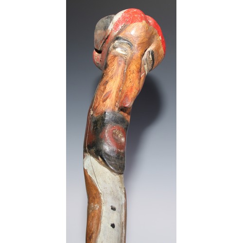 158 - Folk Art - a substantial thorn wood walking stick or cudgel, painted in polychrome as the head of a ... 