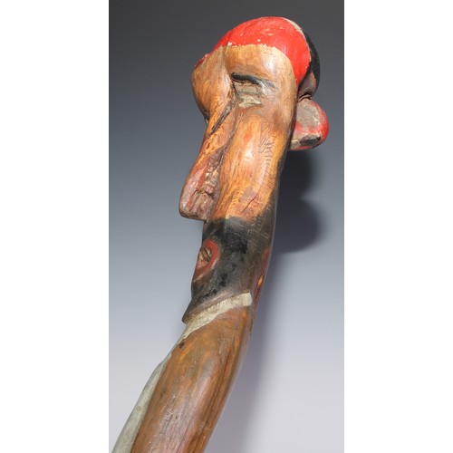 158 - Folk Art - a substantial thorn wood walking stick or cudgel, painted in polychrome as the head of a ... 