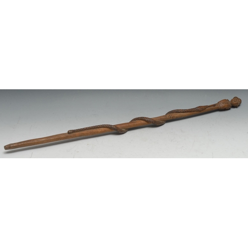 326 - A French 'trench art' walking stick, carved with a figural bust pommel, and a snake to the shaft, in... 