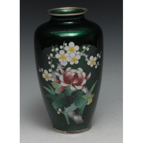 131 - A Japanese cloisonne enamel ovoid vase, decorated in polychrome with chrysanthemums and blossoming p... 