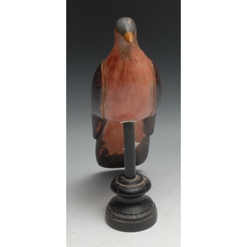 156 - Folk Art - a painted softwood avian model, of a pigeon, perched, turned ebonised stand, 33cm high