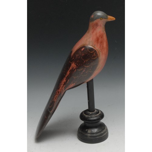 156 - Folk Art - a painted softwood avian model, of a pigeon, perched, turned ebonised stand, 33cm high