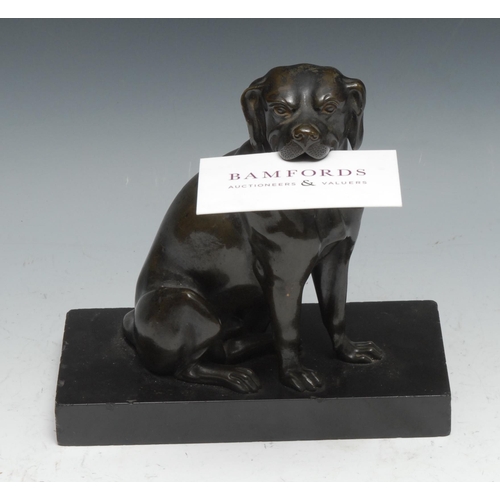 21 - A 19th century French brown patinated bronze novelty card or letter holder, as a seated dog, his mou... 