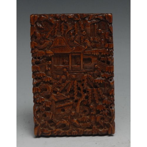 183 - A Chinese sandalwood visiting card case, profusely carved in the Cantonese taste with figures amongs... 