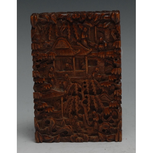 183 - A Chinese sandalwood visiting card case, profusely carved in the Cantonese taste with figures amongs... 