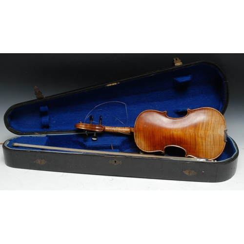 206 - A violin, the two-piece back 31cm long excluding button, paper Stradivarius label, ebonised tuning p... 