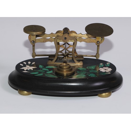 452 - A set of Derbyshire Ashford marble letter scales, inlaid in malachite and specimen stones with lilie... 