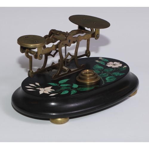 452 - A set of Derbyshire Ashford marble letter scales, inlaid in malachite and specimen stones with lilie... 