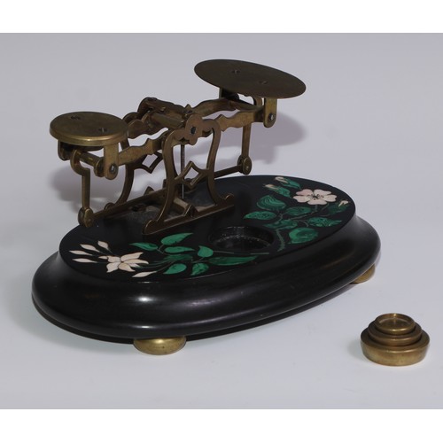 452 - A set of Derbyshire Ashford marble letter scales, inlaid in malachite and specimen stones with lilie... 