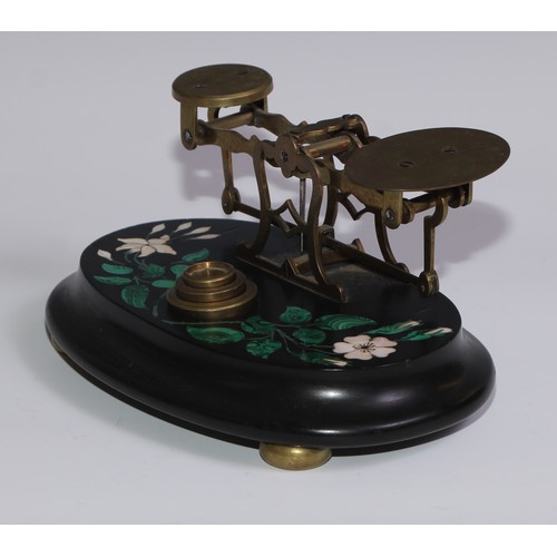 452 - A set of Derbyshire Ashford marble letter scales, inlaid in malachite and specimen stones with lilie... 