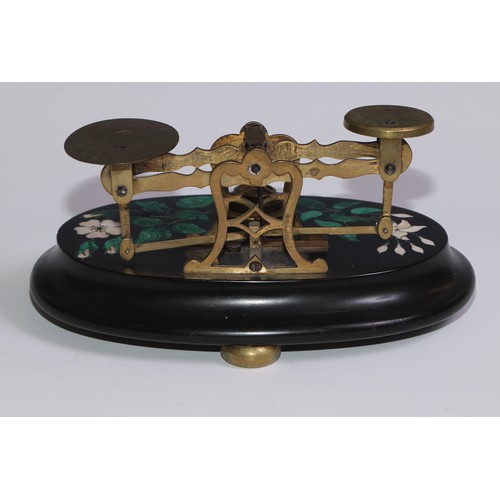 452 - A set of Derbyshire Ashford marble letter scales, inlaid in malachite and specimen stones with lilie... 