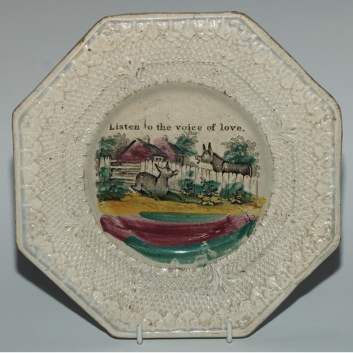 163 - A 19th century octagonal transfer printed nursery plate, probably Scottish, Listen To The Voice Of L... 