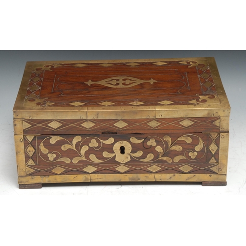 107 - A 19th century Indian hardwood and brass marquetry rectangular writing box, hinged cover enclosing a... 