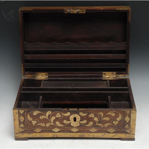 107 - A 19th century Indian hardwood and brass marquetry rectangular writing box, hinged cover enclosing a... 